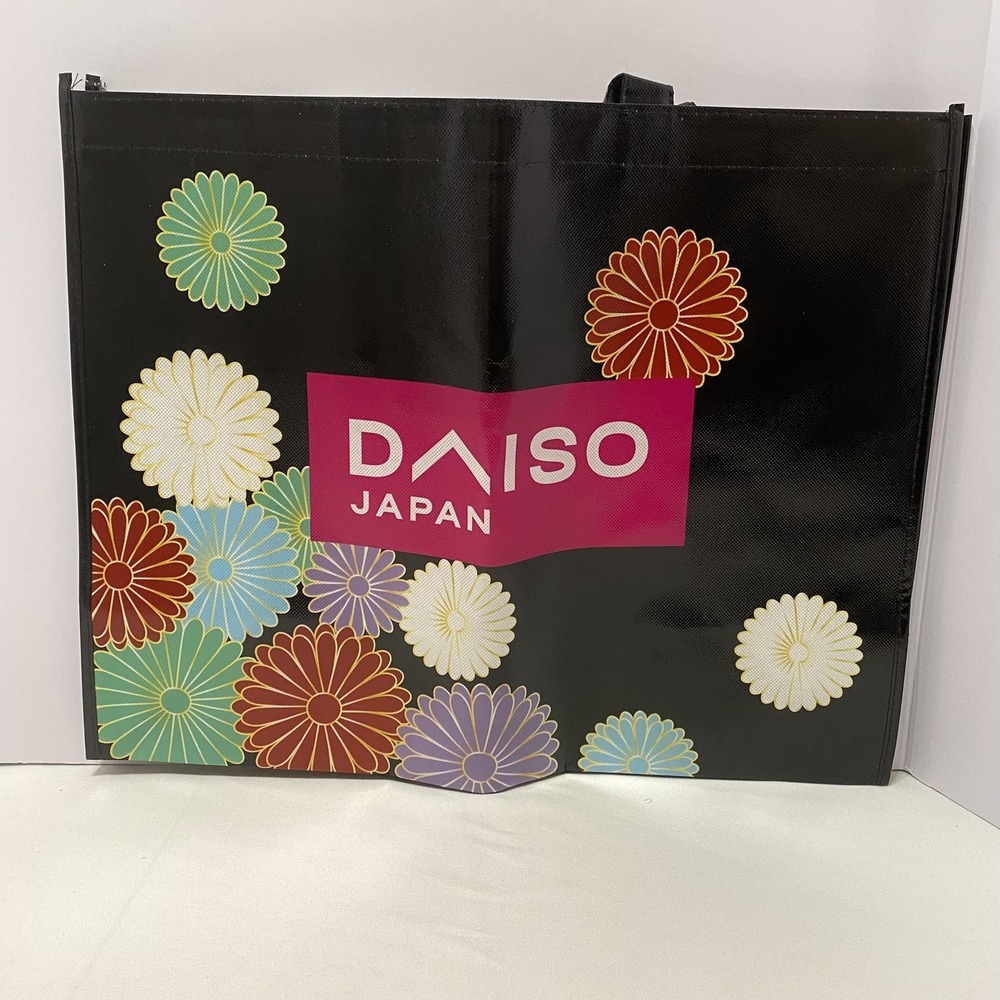 Daiso‎ Chrysanthemums Reusable Grocery Shopping Tote Bag Black Handles Japan NWT